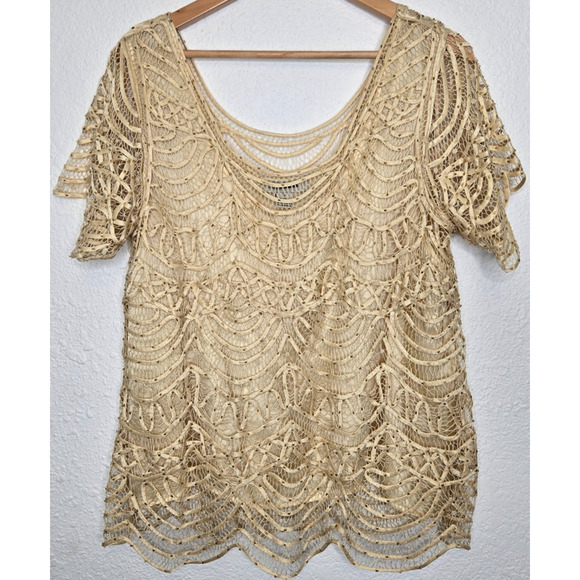 Soulmates Tops - Vintage 80s Top Womens 2X Ivory 100% Silk Crochet Lace Scallop Gold Beaded Glam